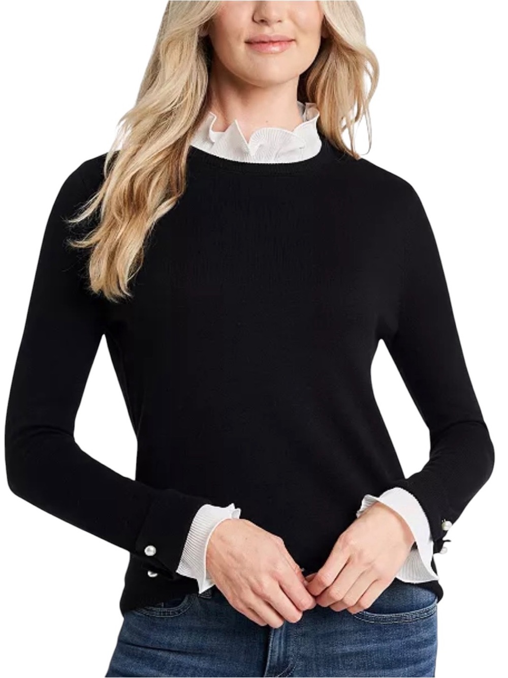 Women's Ruffle Collar & Sleeve Faux Pearl Trim Crewneck Sweater Black Knit small